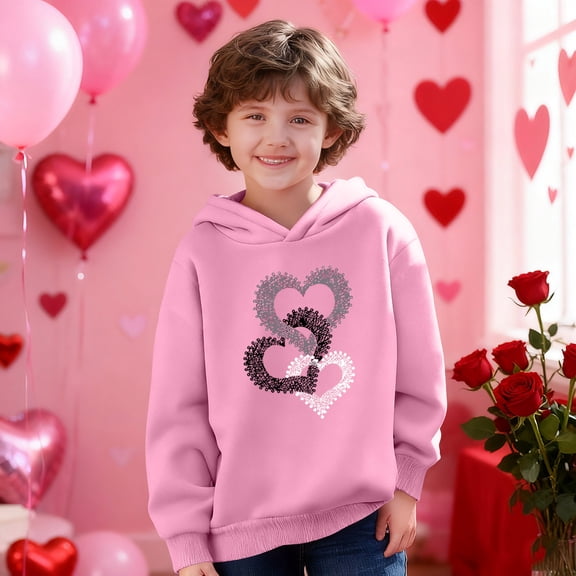 Girls' Pink Oversized Hoodie, Cute Heart Lace Print Pullover Sweatshirt Long Sleeve Casual Hooded Top for Kids,Size 7 T