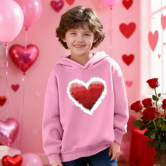 Girls Pink Oversized Hoodie, Kids Watercolor Heart Print Pullover, Cute Valentine's Day Sweatshirt Gift, Casual Graphic Hoodie for Girls,Size 9 T