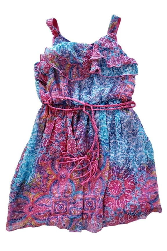 Girls Pink Paisley Print Boho Chic Belted Layered Flowy Ruffled Summer Dress 5