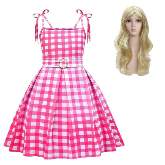 Girls Pink Plaid Dress Margot Robbie Movie Cosplay Outfit Halloween Party Costume