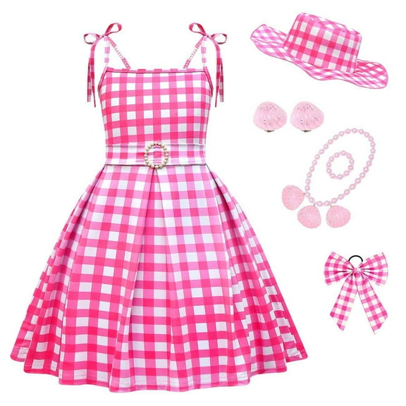 Girls Pink Plaid Dress Margot Robbie Movie Cosplay Outfit Halloween Party Costume