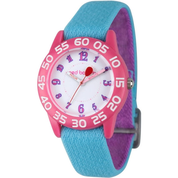 Girls' Pink Plastic Time Teacher Watch, Reversible Blue and Pink Elastic Nylon Strap