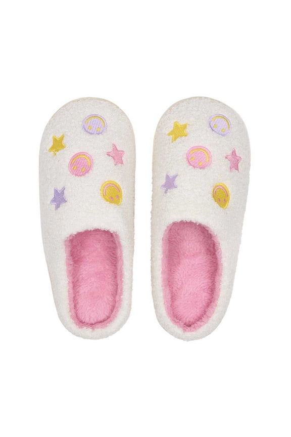 Girls Pink Plush Slippers with Star & Smiley Face Print, Size 5-6