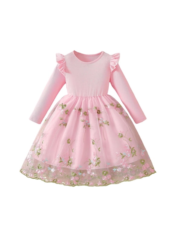 Girls Pink Princess Tutu Dress with Floral Embroidery Long Sleeve, Birthday Easter Party Dress for Girls, Machine Washable, Sizes 3T-10,Size 5-6 T