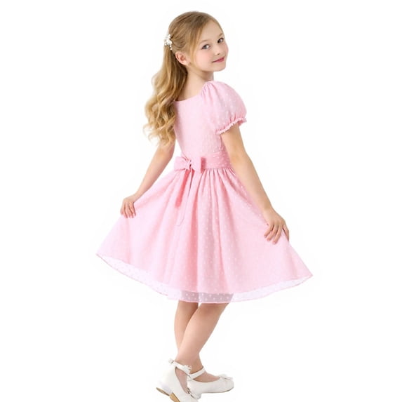 HILEELANG Girls Pink Swiss Dot Puff Sleeve Polyester Dress 12-13Y Big Girls