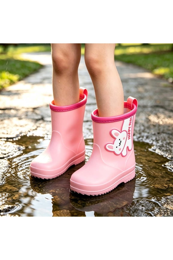 Girls Pink Rain Boots Waterproof Lightweight Non-Slip PVC-Free Kids with Bunny Design,Size 25