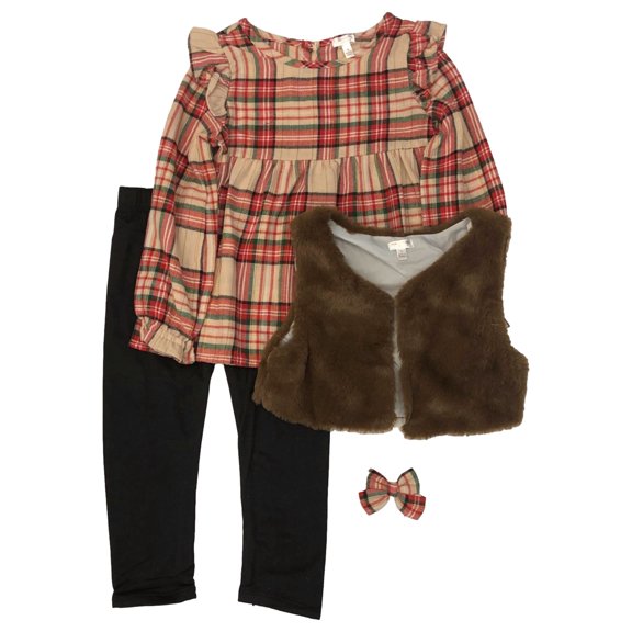 Girls Pink & Red Plaid Holiday Outfit Flannel Shirt Plush Vest Pants & Bow 4