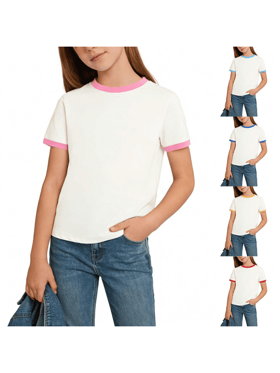 Girls Pink Ringer T-Shirt with Contrast Trim, 100% Cotton Soft Tagless, Size 7-8T