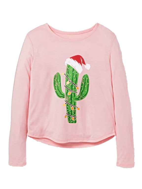 Girls Pink Santa Claus Cactus Christmas Tree Shirt Holiday T-Shirt M (7-8)