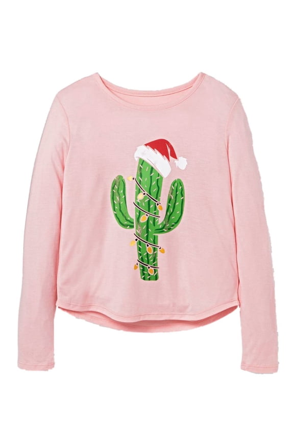 Girls Pink Santa Claus Cactus Christmas Tree Shirt Holiday T-Shirt XS (4-5)
