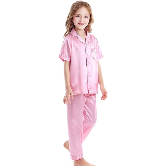 Girls Pink Satin Pajamas Set,Short Sleeve Top & Long Pants Button Down Tops Set 2 PC Kids Girl Sleepwear Pajamas For Kids 6-7 Years