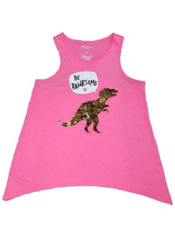 Girls Pink Sequin Dinosaur Tank Top Be Rawrsome Dino Shirt XXL