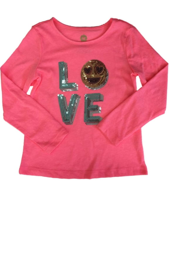 Girls Pink Sequin Heart Smile Tee Shirt Girls Love Emoji Long Sleeved T-Shirt M5