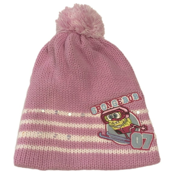 Girls Pink Sequin Spongebob Squarepants Beanie Stocking Cap Winter Hat