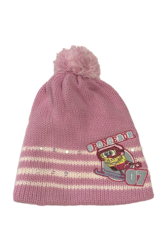 Girls Pink Sequin Spongebob Squarepants Beanie Stocking Cap Winter Hat