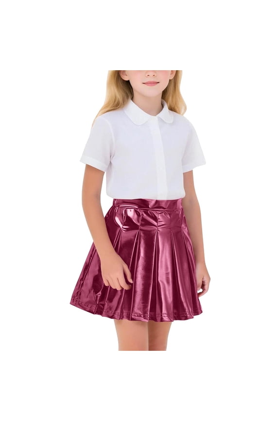 Girls Pink Shiny Pleated Skirt, Kids Metallic A-Line Skirt for Dance Performance Party, Elastic Waist Holiday Skirt,Size 14-15 T
