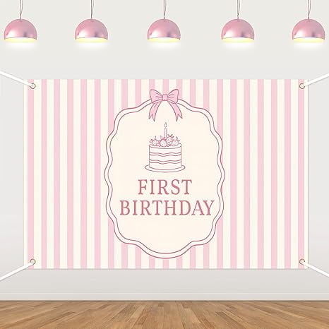 Girls Pink Stripe 1st Birthday Backdrop 5x3ft Photo Booth Decor for One Year Old Party Supplies, First Birthday Celebration Background