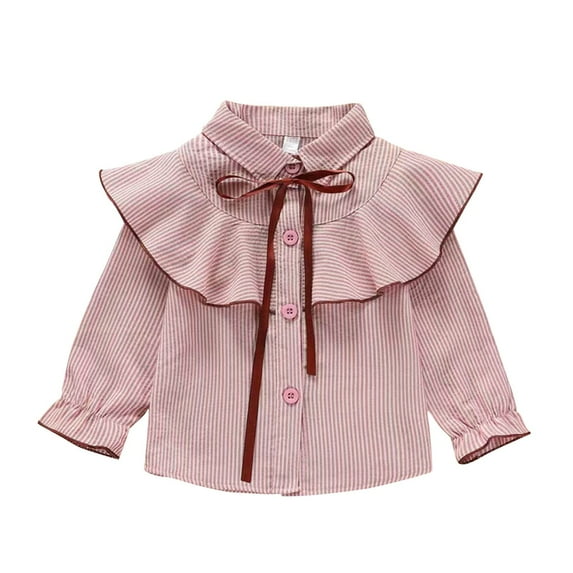 Girls Pink Striped Blouse with Ruffles & Bow, Vintage Peter Pan Collar Long Sleeve Top, Stretchy Comfort Fit for Ages 2-12 Years,Size 11-12 T