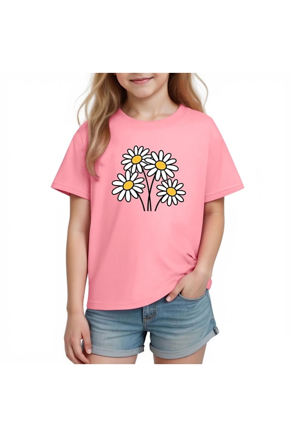 Girls Pink T-Shirt Short Sleeve 100% Cotton Floral Daisy Print Crew Neck Tee for Kids Kids Play Clothes Ages 3-10,Size 5 T