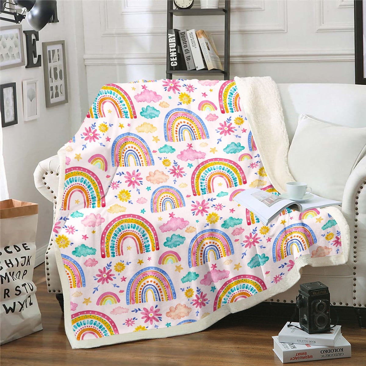 Girls Pink Throw Blanket for Couch Watercolor Rainbow Fleece Blanket