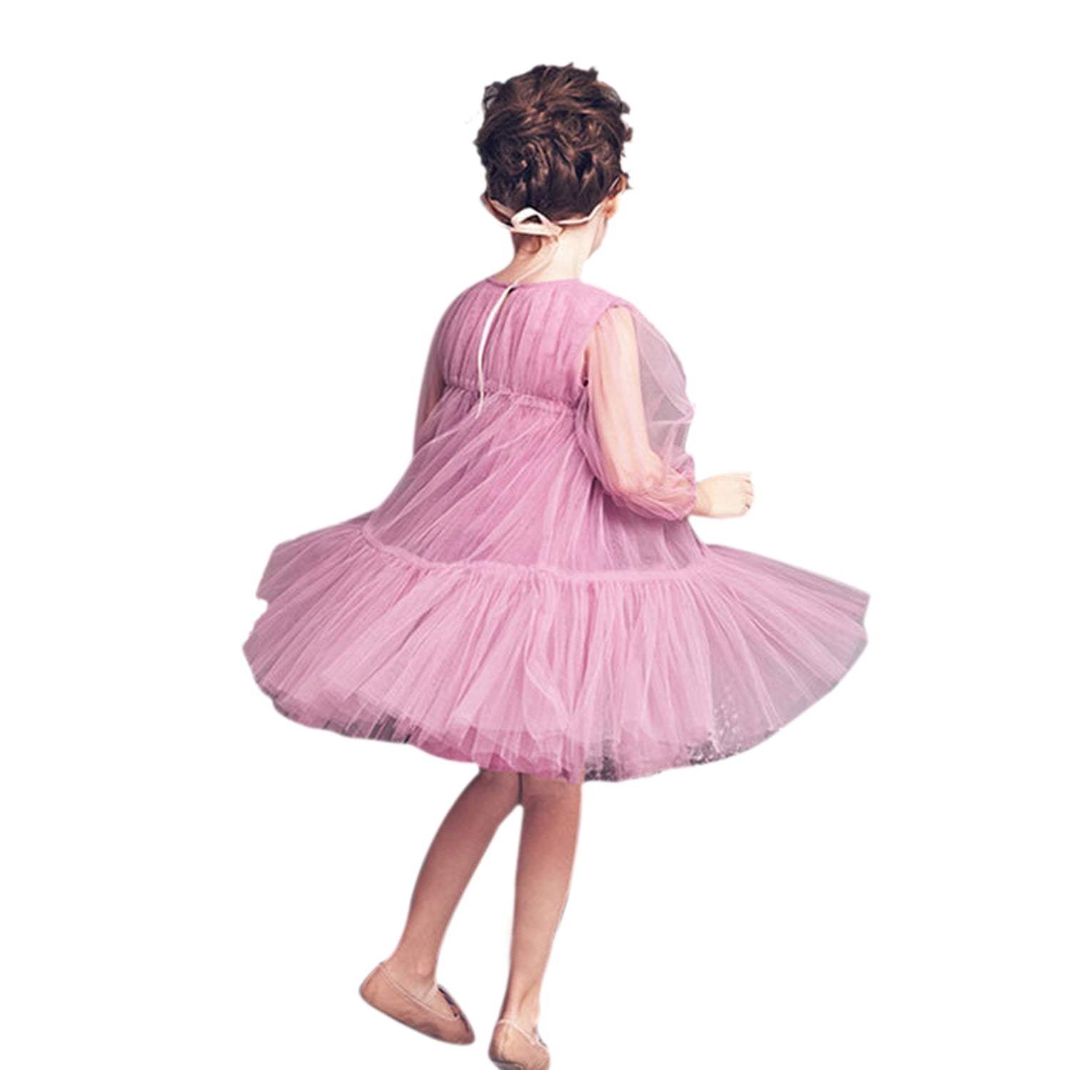 Girls Pink Tulle Tea Length Flower Girl Dress with Long Sleeves, Pink, 4Y