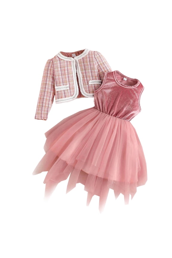 Girls Pink Tweed Jacket and Tulle Dress 2-Piece Set for Easter Holiday Party, Cropped Blazer with Asymmetrical Skirt, Sizes 4 5 6 7 Years,Size 5 T