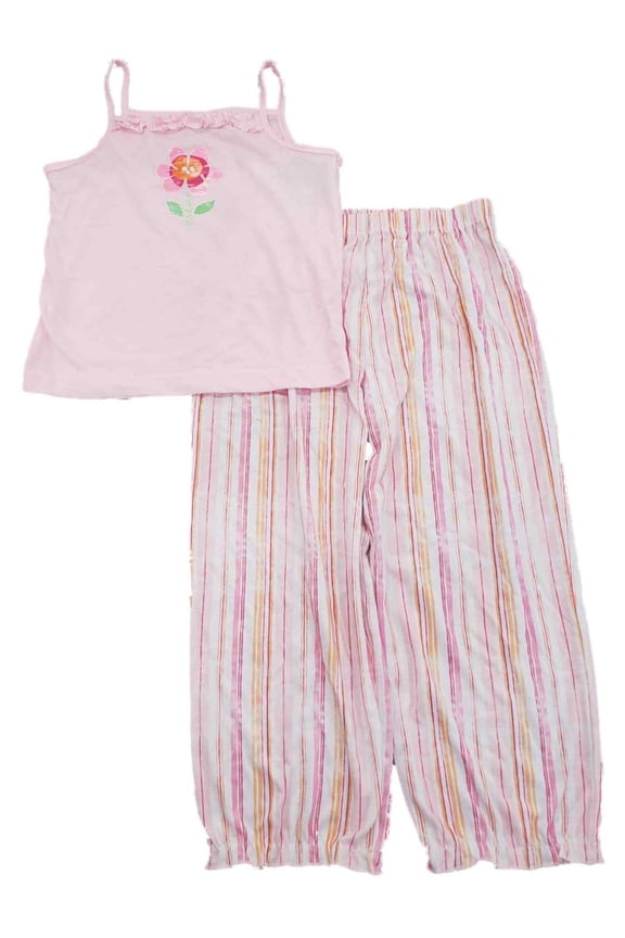 Girls Pink Upsa-Daisy Pajamas Ruffled Tank Top & Striped Pants 2 Pc Sleep Set L