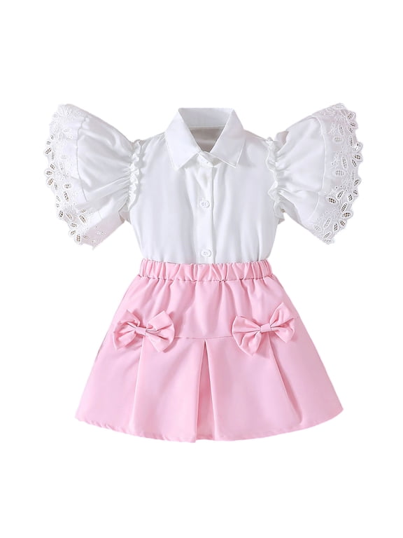 Girls Pink and White 2-Piece Outfit Set, Lace Trim Blouse & Twirl Skirt, Easter Birthday Party Dress, Comfortable Stretchy Fabric for Ages 4-8,Size 4 T