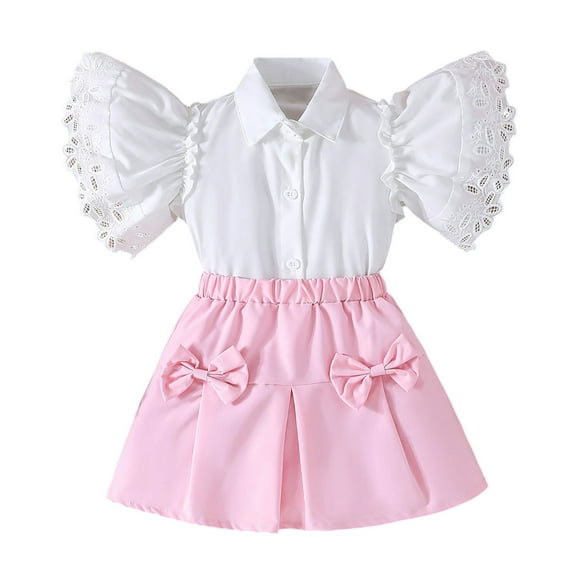 Girls Pink and White 2-Piece Outfit Set, Lace Trim Blouse & Twirl Skirt, Easter Birthday Party Dress, Comfortable Stretchy Fabric for Ages 4-8,Size 6 T