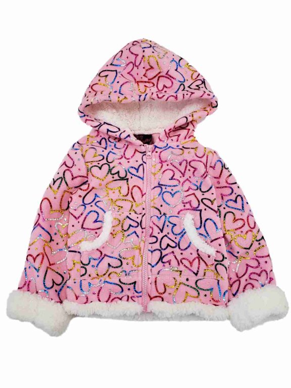 Girls Pink White Foil Shiny Heart Hearts Jacket Hooded Winter Snow Coat 4