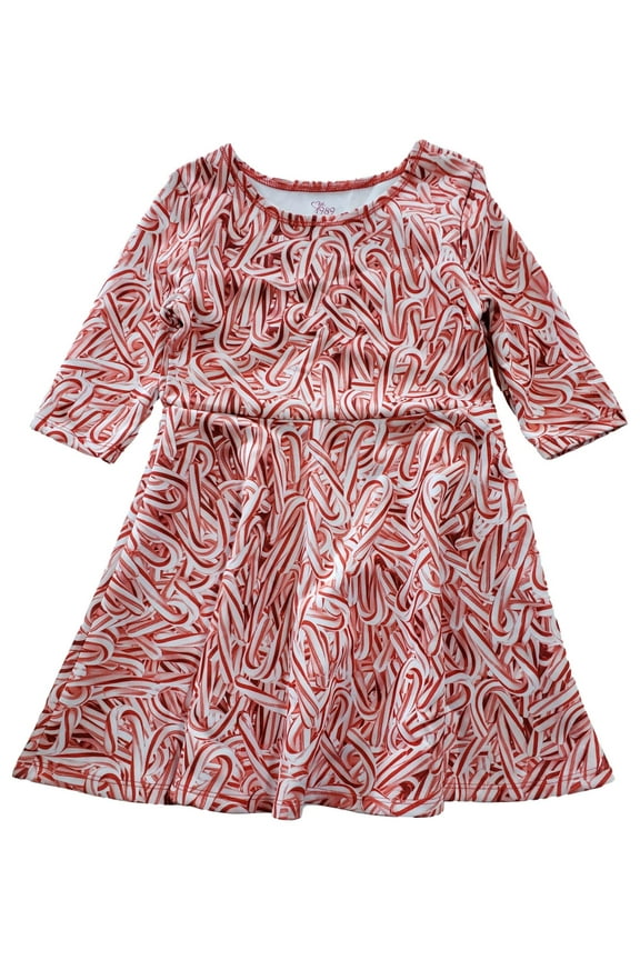 Girls Pink White & Red Candy Cane Print Long Sleeve Christmas Holiday Dress S5/6