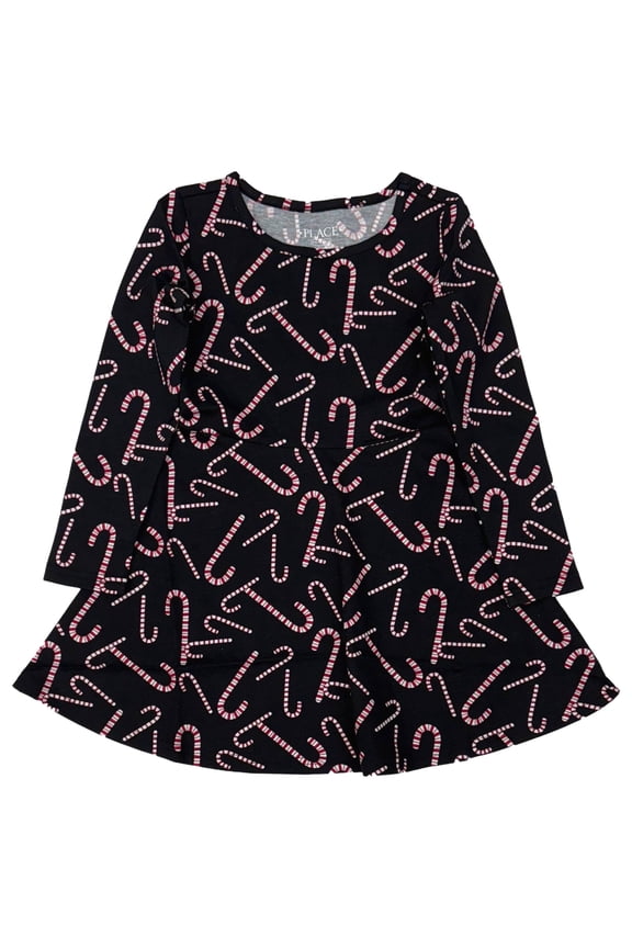 Girls Pink White & Red Candy Cane Print Long Sleeve Christmas Holiday Dress XS 4
