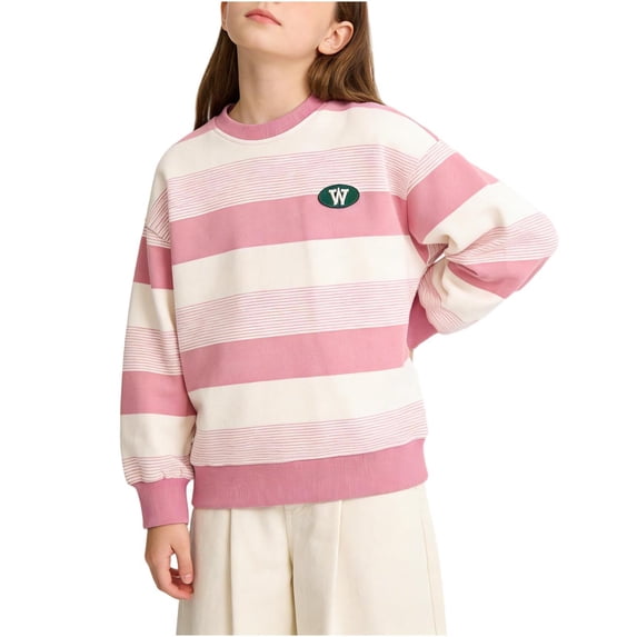 Girls Pink & White Striped Knit Top, Long Sleeve Crewneck Sweater, Soft Polyester Casual Shirt for School, Play & Everyday Wear,Size 11-12 T