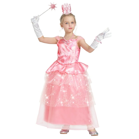 Girls Pink Witch Costume, Glinda 8 Pcs Dress Tiara Outfit for Kids Halloween Dress Up Party 4-6 Years