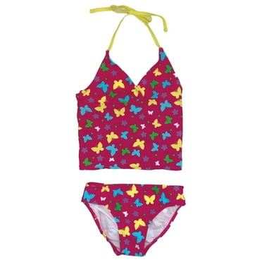 Girls Pink & Yellow Butterfly Tankini 2 Piece Bathing Suit Swim Set Swimwear L
