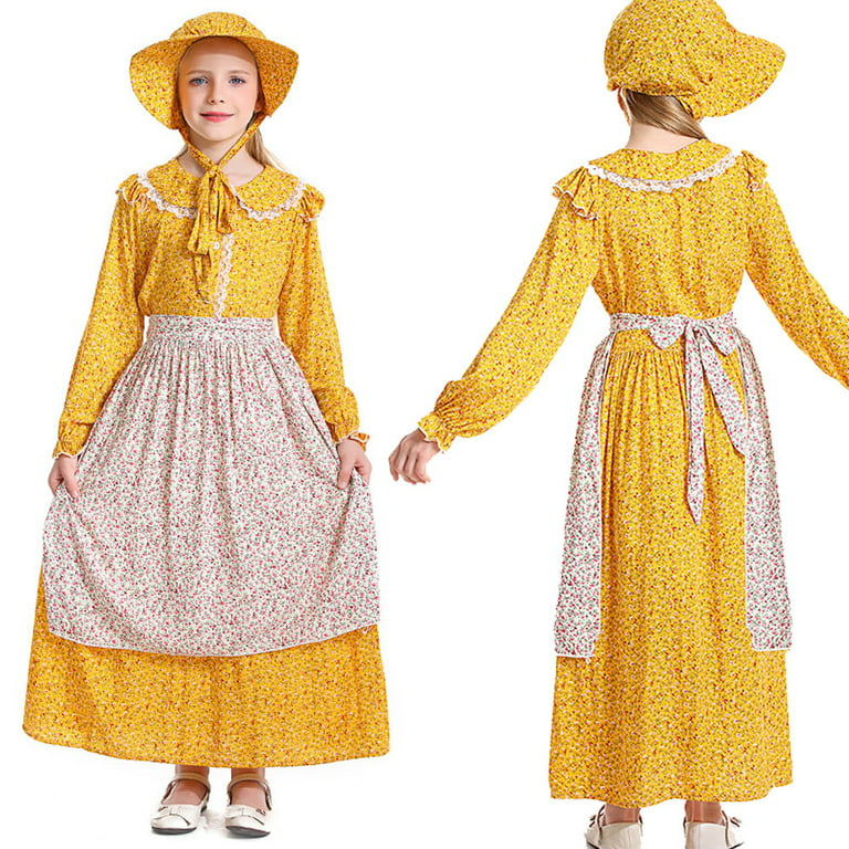 Girls Pioneer Costume Yellow Long Sleeve Floral Dress with Apron Hat 