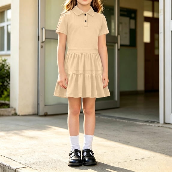 Girls Pique Polo Dress, Short Sleeve School Uniform A-Line Casual Dress for Kids