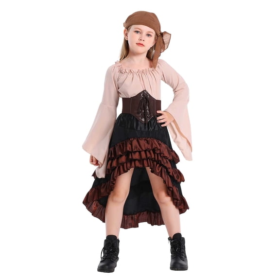 Girls Pirate Costume 4 Piece Outfit Long Flare Sleeve Top Hi‑Low Ruffle Skirt Corset Waistband and Headscarf Kids Dress Up Set