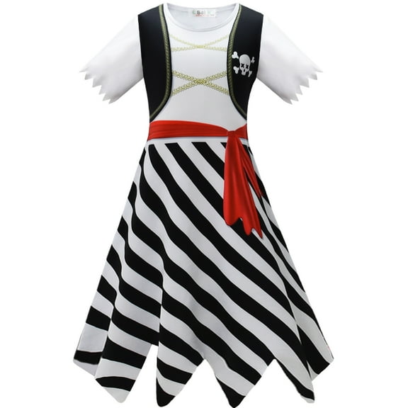 Girls Pirate Costume Dress, Halloween Sea Buccaneer Princess Dress Up 3-9 Years