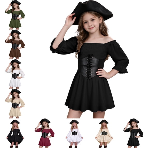 Girls Pirate Costume Long Sleeves Fairy Dress Girls with Corset Belt A Line Princess Dresses