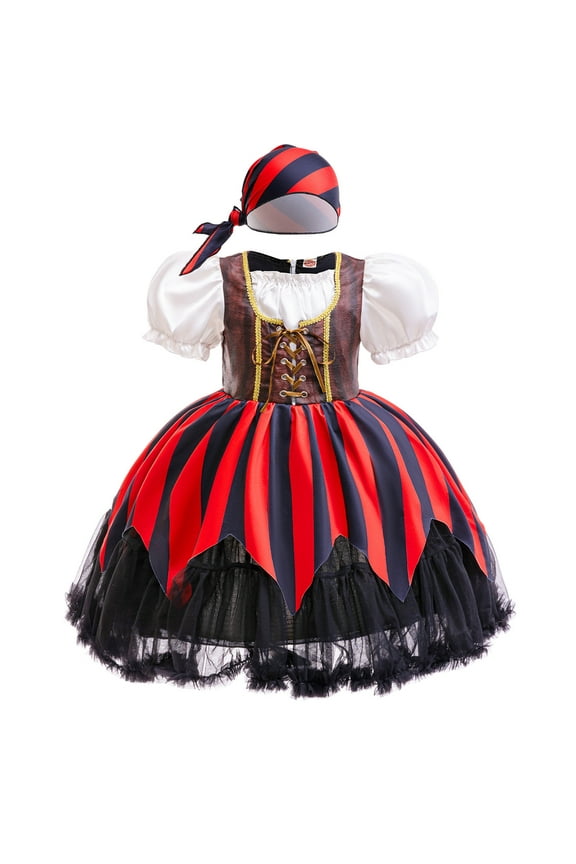 Girls Pirate Costume with Scarf Halloween Buccaneer Princess Outfit Set, Size 8-9