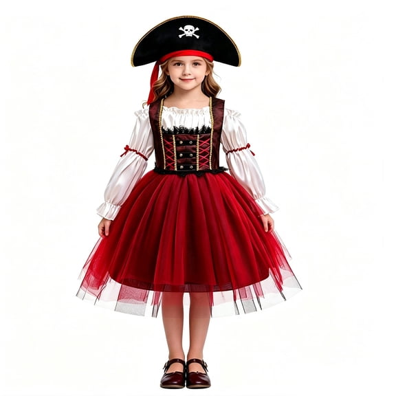 Girls Pirate Costume with Scarf Halloween Buccaneer Princess Outfit Set with headscarf and a hat