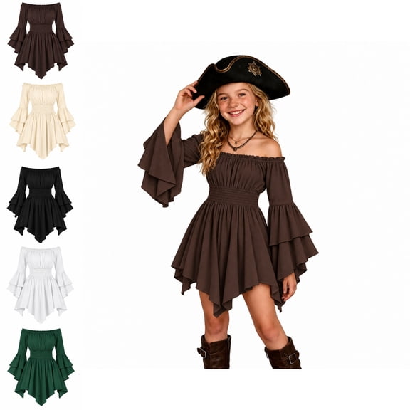 Girls Pirate Dress Off Shoulder Girls Renaissance Dresses Handkerchief Hem Outfits for Halloween Dress Up