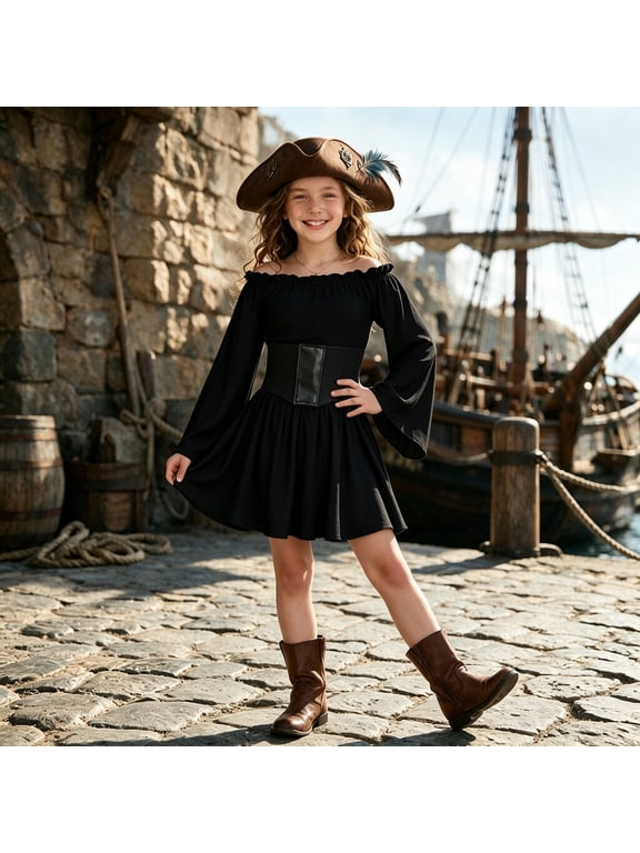 Girls Pirate Dress with Lace Up Corset Belt, Long Sleeve A Line Outfit for Trick or Treat and Role Play