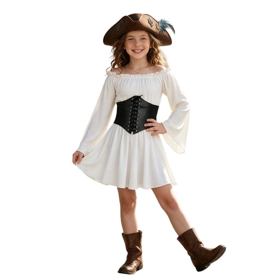 Girls Pirate Halloween Dress Off Shoulder Bell Sleeve Corset Belt with Tricorn Pirate Hat Outfit for Kids