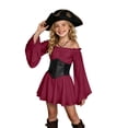 thumbnail image 1 of Girls Pirate Halloween Dress, Off Shoulder Corset Pirate Renaissance Themed Outfit with Bell Sleeves Smocked Waist Handkerchief Hem for Themed Events Wine 9-10Years, 1 of 5