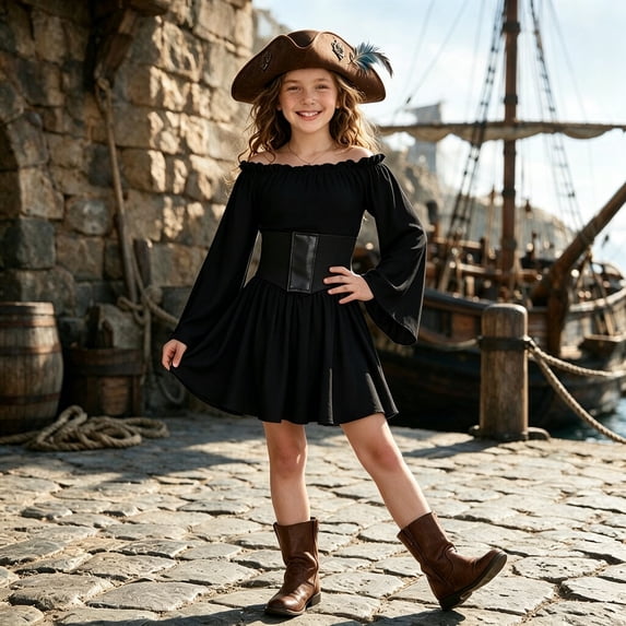 Girls Pirate Style Dress with Corset Belt for Halloween Party Dress Up Clothes Themed Party Role Play Pretend Play Outfit