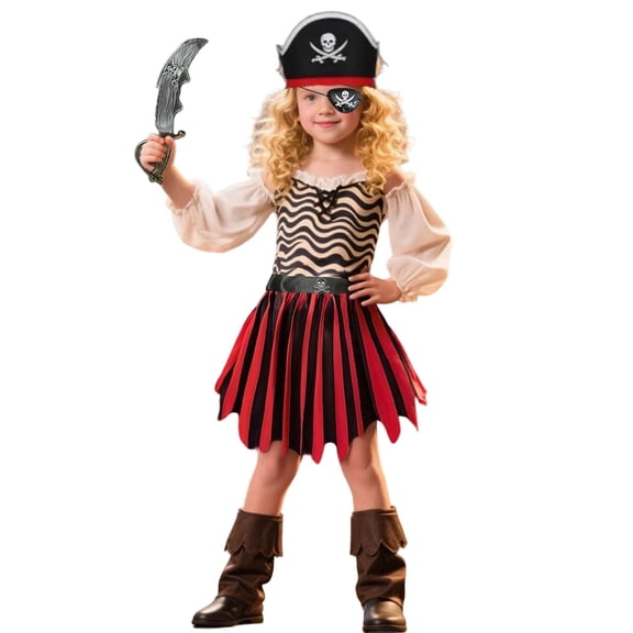 Girls Pirate Style Halloween Dress with Hat and Boot Covers, Kids Adventure Party Outfit, 3-7 Years