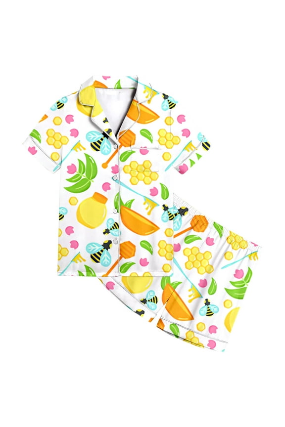 Girls Pjs Pajamas for Kids Children's Fashion Printed Button Down Lapel Short Sleeved Top Shorts Pajamas Set