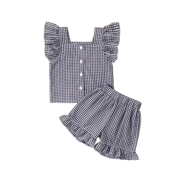 Girls Plaid 2 Piece Outfits Square Neck Ruffled Sleeveless Tank Tops Elastic Waist Pleated Shorts Summer Cute Clothes (0-6 Months, Black)